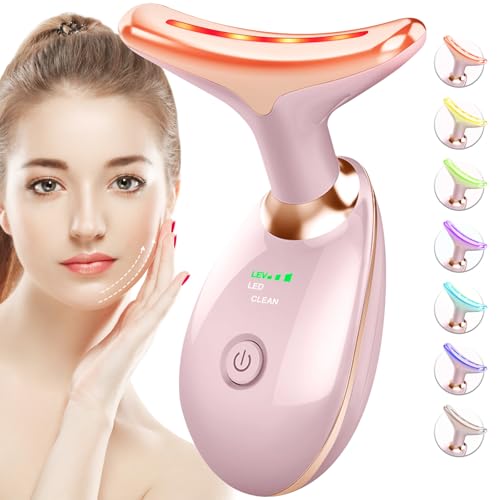 SDKWDH Red-Light-Therapy-for-Face-and-Neck, 7 Color Face Massager Tool for Wrinkles, Double Chin, Vibrating Facial Massager with Thermals for Skin Care, Glossy Pink