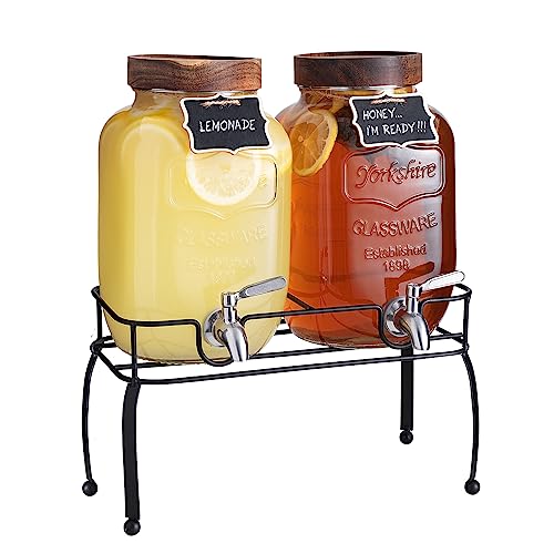 mustry Glass Drink Dispenser for Parties, 1 Gallon Beverage Dispenser with Stand and Spigot Solid Stainless Steel, Used as Lemonade Dispenser Sun Tea Jar Kombucha Jar, Set of 2