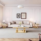 Modern Marble Coffee Table Set of 3, Luxury Marble Living Room Table Set Includes 1 Coffee Table, 2 End Table for Living Room, White Faux Marble Top with Gold Stainless Steel Base