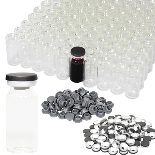 10ml Clear Glass Vials-2-1/2 Dram Clear Glass Headspace Vials with Black Plastic-Aluminum Flip Caps and Rubber Injection Stoppers, 100 Pack, 20mm Flat Bottom Lab Vial