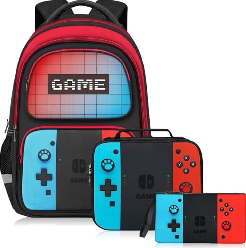 TILYTADLY School Backpack for Boys - 3pcs Gamer Boys Backpack with Lunch Box and Pencil Case for Kids Children Teens Elementary Middle School - HFHTDC Video Game Bookbag 17″ Large Capacity