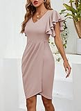 IHOT Dress for Women Wedding Guest Party V Neck Ruched Faux Wrap Cocktail Club Semi Formal Ruffle Sleeves Bodycon Knee Length Work Business Dresses Nude Pink XL