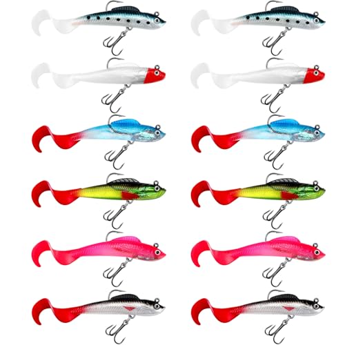 Skylety 12pcs Fishing Lures Soft Plastic Lures for Bass Jig Head Swimbait Lifelike Soft Plastic Baits Tackle Kit for Saltwater and Freshwater, Multi Color (Fresh Color)