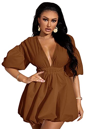 WDIRARA Women's Deep V Neck Puff Sleeve High Rise Flare Dress Elastic Waist Dress Brown L