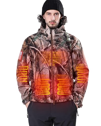 DEWBU Heated Jacket for Men with 12V Battery Pack Winter Outdoor Soft Shell Electric Heating Coat, Men's Tree, XL