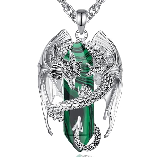 INFUSEU Malachite Dragon Necklace Green Stone Gift Jewelry for Men Women Healing Crystal Pendant Long Large Set Spiritual Protection Accessories Birthday Anniversary Unique Present