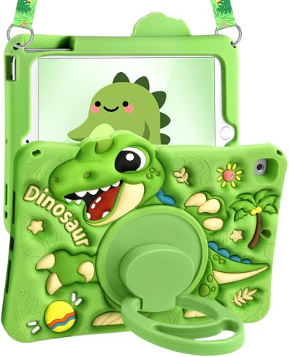 Boaretiu for iPad 9.7 Inch for iPad 6th/5th Generation Case 2018 2017 - Cute Cartoon with Shoulder Strap & Rotating Stand for Boys Girls Teens Soft Silicone for Air1 Air2, Green Dinosaur