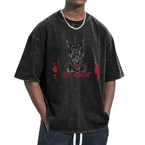 Beyboopt City Music Morgue Shirt Short Sleeve Men's Wash T-Shirt Loose Casual Retro Cotton T-Shirt Black Large