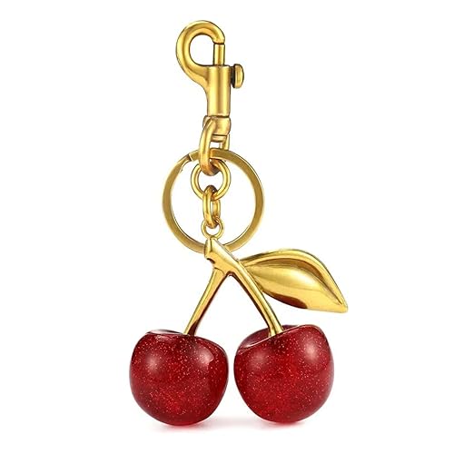 Lmuwecno Luxurious 18K Gold Plated Cherry Bag Charm, Cherry Keychain Accessory Purse Charm