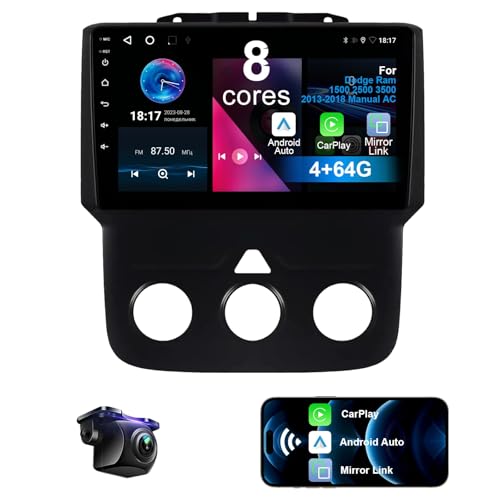8 Core 4+64G Car Radio for Dodge Ram 1500 2500 3500 2013-2018 Manual AC with Wireless CarPlay Android Auto, 9" HD Touchscreen Ram 1500 Radio Upgrade Car Stereo with Backup Camera, AM/FM/RDS, DSP, SWC