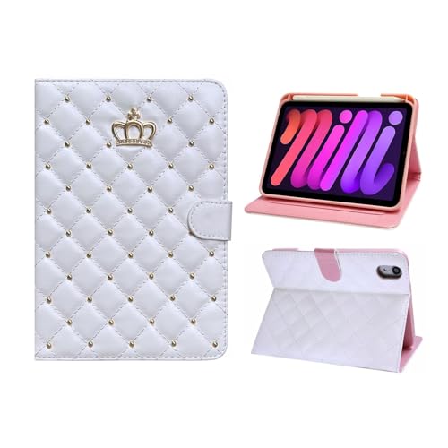 Case for iPad Mini 6 (8.3-Inch,2021 Model), PU Leather Crown Bling iPad Mini 6th Generation Case with Pencil Holder [Support iPad 2nd Pencil Charging/Pair],Smart Case with Soft TPU Back (White)