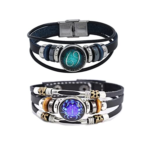 2Pcs Multilayer Cancer Constellation Zodiac Leather Bracelet Handmade Woven Zodiac Sign Wrap Bracelet Wristband for Women Men Jewelry Birthday Gift