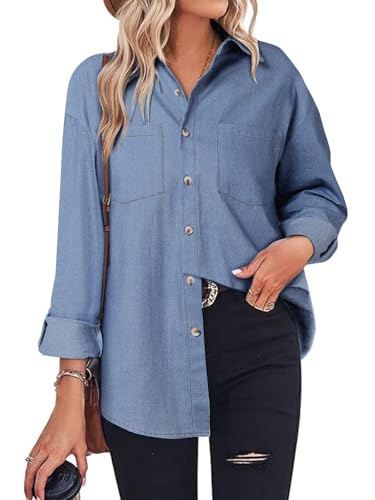 ZANZEA Women's Spring Long Sleeve Denim Jean Shirts Button Down Shirt Business Casual Tops Sky Blue XX-Large