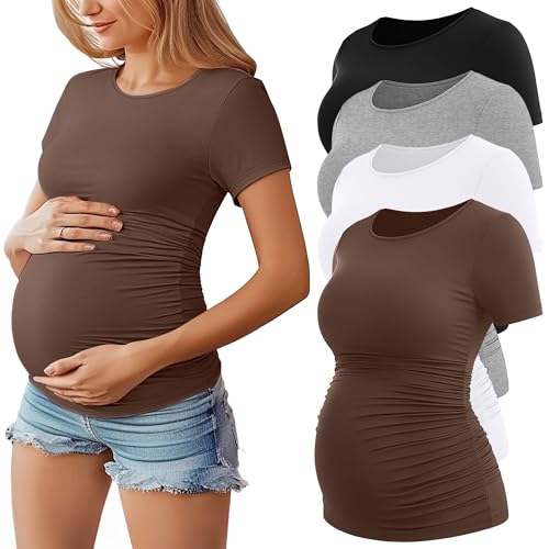 Huukeay 4 Pack Women's Maternity Shirts, Crew Neck Maternity Top Short Sleeve Casual Cotton Tee Side Ruched Pregnancy Clothes(Black, White, Light Gray, Coffee,Large)