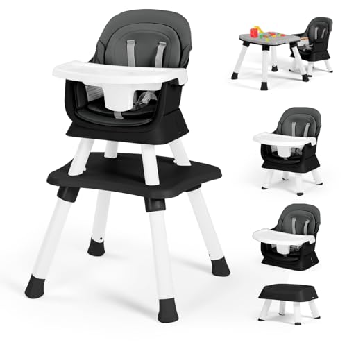 Kinder King 8 in 1 Baby High Chair, Coverts to Dining Booster Seat/Kids Table & Chair Set/Toddler Building Block Table/Kids Stool, Removable Tray & Double Seat Cover, Easy to Wipe, Grey & Black