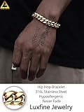 Luxfine 12mm Miami Cuban Link Bracelet 14K REAL Gold Plated Hypoallergenic Premium Stainless Steel Hip Hop Jewelry For Men Women Christmas Birthday Gift (No Color Fade, Double-sided Iced Out Clasp)