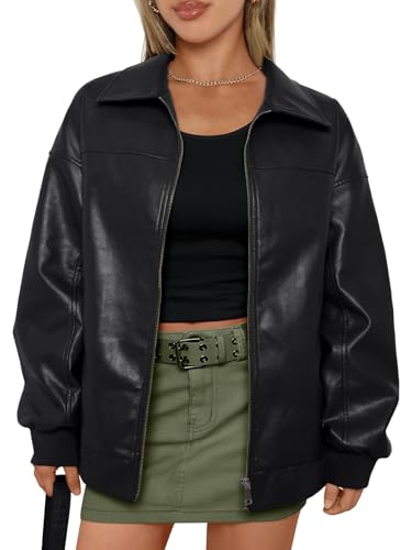 AUTOMET Womens Oversized Leather Jackets Zip Up Coats Faux Motorcycle Bomber Outfits Fall Trendy Fashion Winter Clothes 2025 Black S