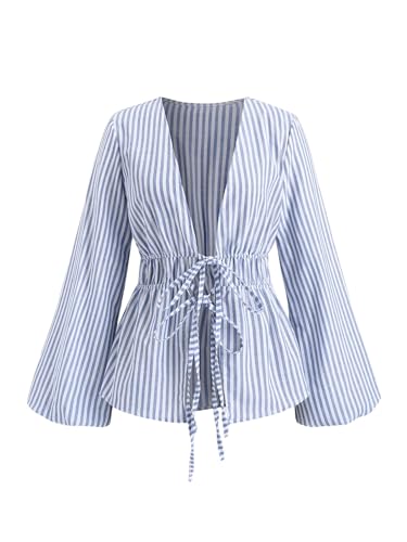 SHENHE Women's Striped Tie Front Bell Sleeve Blouse Deep V Neck Elegant Peplum Top Shirt Blue and White Small