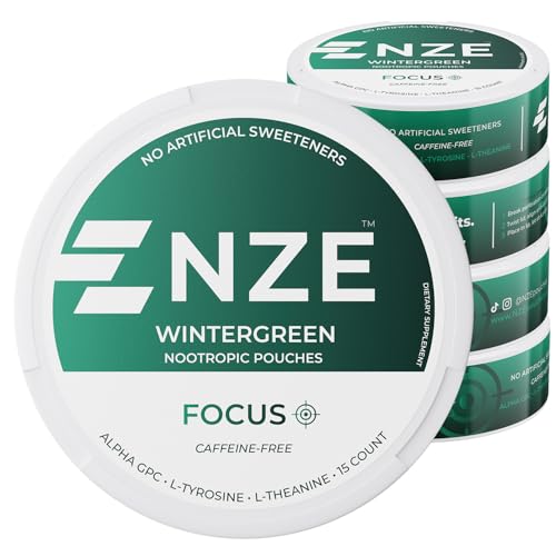 NZE Caffeine Free Nootropic Pouches (Wintergreen) - Nootropic Pouches with Alpha GPC, L-Tyrosine & L-Theanine - No Sugar or Artificial Sweeteners - 15 Nicotine Free Pouches Per Can - 5 Pack