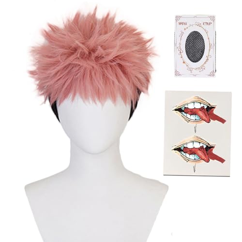 Shancon Anime Yuji Itadori Wig and Tattoo Sticker Cosplay Hair Wig Cap Pink Mixed Black Short Curly Party Halloween Props Accessory for adult