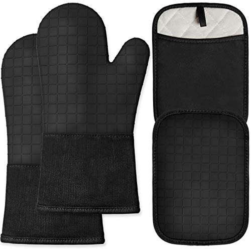 HOMWE Silicone Oven Mitts and Pot Holders for Kitchen & Baking - Set of 4 Heat-Resistant, Heavy-Duty Cooking Mittens w/Non-Slip, Textured Grip (Black)