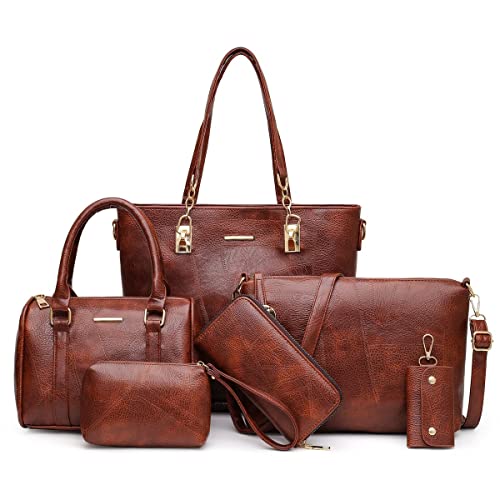 2E-youth Women Designer Purses And Handbags Set Satchel Shoulder Bags Tote Bags 6pcs Wallets (brown)