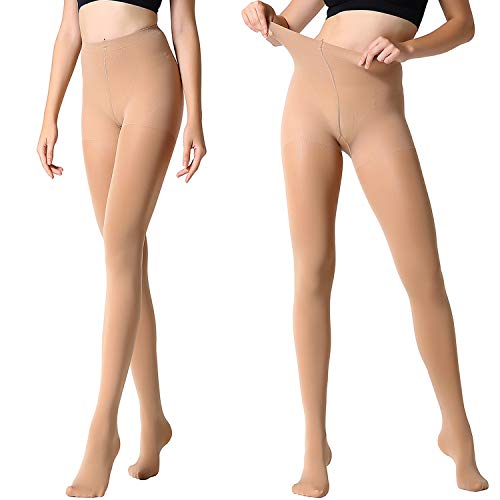 MANZI 2 Pairs Run Resistant Control Top Panty Hose Opaque Tights, Small, Suntan