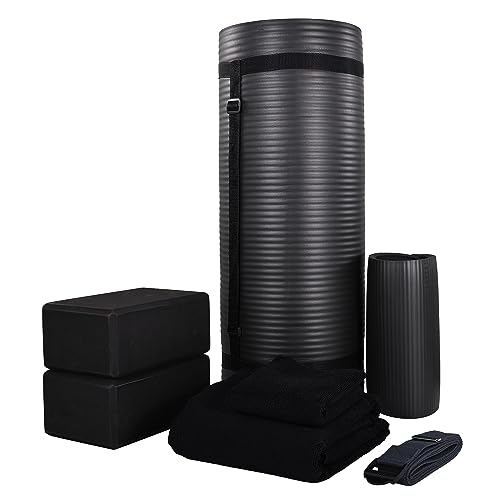 BalanceFrom 7-Piece Home Gym Yoga Set with 1-Inch Thick Yoga Mat, 2 Yoga Blocks, Mat Towel, Hand Towel, Stretch Strap & Knee Pad, Black