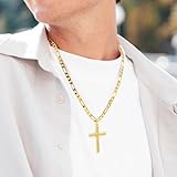 Verniflloga 14k Gold Cross Necklace for Men Large Gold Cross Pendant Figaro Chain for Mens Gold Chain 5mm Masculine Appeal 20, 22, 24 Inch (22inch)