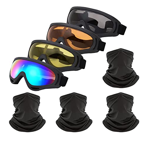 LJDJ Motorcycle Goggles,4 Pack Dirt Bike ATV Motocross Riding Offroad Protective with 4 Pack Neck Breathable Bandana Mask for Men Women Kids Youth Adult