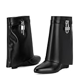 CORNMOOD Women Fold Over Boots Wide Mid Calf Black Shark Boots Almond Toe Pull On Wedge Heeled Short Ankle Booties With Padlock