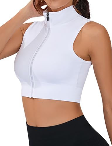 Zip Up Workout Crop Tank Top Women Sleeveless Turtleneck Running Gym Shirts Stretch Slim Fit Racerback Zipper Yoga Top White Basic Athletic Vest Jacket