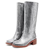 JOKACEAR Silver Women's Knee High Boots Comfortable Chunky Block Heel Long Boots for Women Casual Square Toe Boots Low Heel Womens Boots.