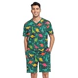 JHKKU Mens Short Pajamas Set Cartoon Dinosaur Summer Short Sleeve Sleepwear Soft Pjs Sleep Set 2 Piece Loungewear M