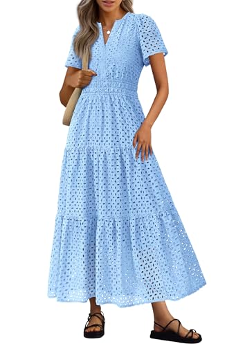 PRETTYGARDEN Womens 2025 Summer Maxi Dress Short Sleeve V Neck Hollow Out Eyelet A Line Long Flowy Beach Vacation Dresses (Light Blue,Medium)