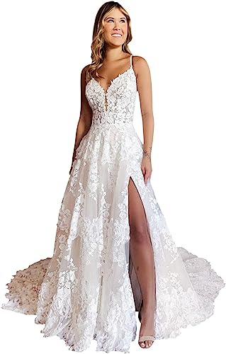 Lace Applique Wedding Dress for Bride Spaghetti Straps Ivory Bridal Dresses with Slit Long Strain Size 16