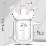 Lab Jacketed Reaction Flask,3-Neck Double Layer Round Bottom Reaction Flask Jacketed Reactor with Three 24/29 Ground Glass Joints (250 ML)