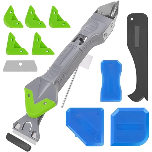 11pc Caulk Remover Tool,5 in 1 Silicone Caulking Tools,Grout Removal Stainless Steel Caulk Tool Kit with 5 Exchange Silicone Head, 4pc Glass Glue Angle Scraper,2pc blade for Kitchen,Bathroom