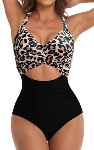 Eomenie Women's One Piece Swimsuits Tummy Control Cutout High Waisted Bathing Suit Wrap Tie Back 1 Piece Swimsuit Black and Leopard