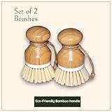 Set of 2 Eco-Friendly Non-Scratch Bamboo Kitchen Cleaning Brushes | Compact Wooden PP Dish Scrubbers with Ergonomic Handles with 2 Ropes (6.5 x 6.5 x 10 cm, 96g Each)