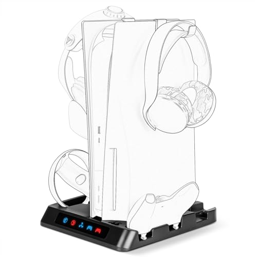 Geekria Charging Station Compatible with Sony PlayStation VR2, PS5, Dual Gamepad Show Case Gaming Accessories with Host Cooling Fan (Black)