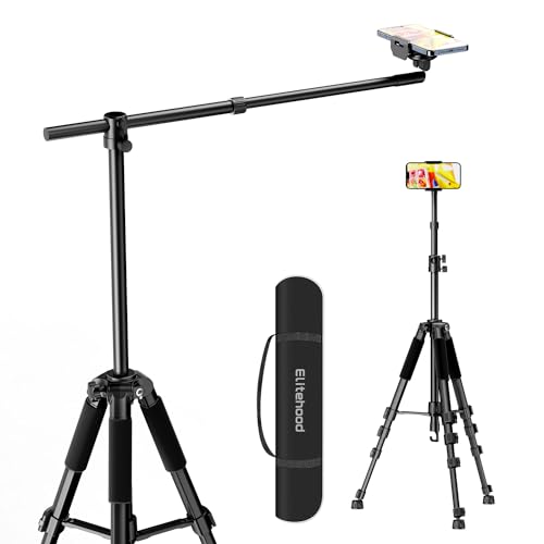 elitehood Phone Tripod for Overhead Video Recording – Updated Horizontal 59-inch Adjustable Tripod for iPhone with 25in Long Extendable Arm, 360° Rotation iPhone Stand Holder for Overhead Recording
