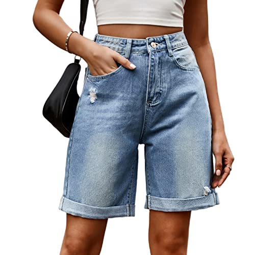 Sumleno Women's Jorts Y2k Baggy Jean Shorts Casual High Waist Straight Leg Long Denim Shorts Y2k Aesthetic Streetwear (Medium Wash,XL)