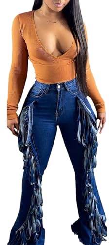 Women's Bell Bottom Jeans Ripped High Waisted Classic Tassels Flared Pants