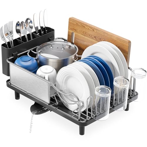 Urackify Stainless Steel Dish Drying Rack - Large Capcity 304 Grade Dish Drainer for Kitchen Counter with Drain Board, Utensil Holder & Detachable Cup Shelf, Rustproof Multifunctional Organizer