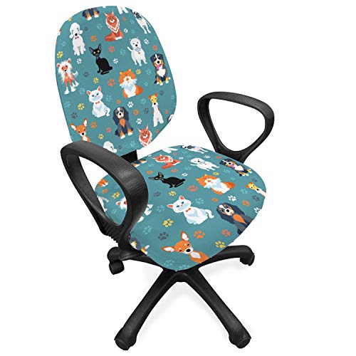 Ambesonne Animal Print Office Chair Slipcover, Pet Lover Pattern Different Species of Cats and Dog Colorful Paw Prints, Protective Stretch Decorative Fabric Cover, Standard Size, Multicolor