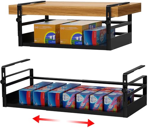 AmonHouseware 2Pack Under Shelf Basket Organizer, Adjustable Under Cabinet Shelf Storage, Hanging Holder Length Stretchable 13-21Inch for Kitchen Pantry Desk Counter Bookshelf Cupboard (Black)