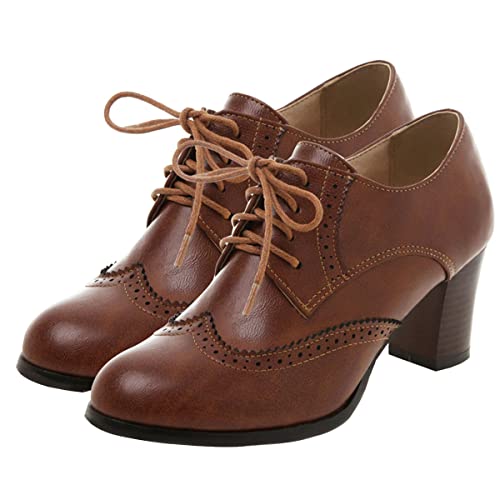 SHEMEE Women's Chunky High Heels Wingtip Oxfords Round Toe Lace Up Stacked Block Heel Vintage Brogues Pumps Shoes(Brown,US 7.5)