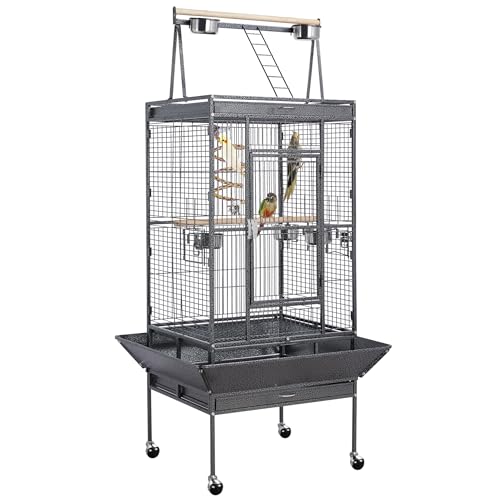 Yaheetech 69-inch Wrought Iron Rolling Large Parrot Bird Cage for African Grey Small Quaker Amazon Cockatiel Sun Parakeet Green Cheek Conure Dove Lovebird Budgie Play Top with Stand