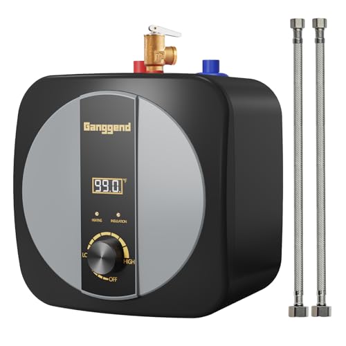 Ganggend 2.5 Gallon Electric Water Heater 110V-120V 1500W Under Sink Hot Water Heater Electric Mini Tank with Pressure Release Vavle,Digital Display,1/2" NPT Hose(Black)